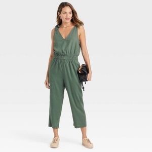 A New Day Women Jumpsuit XS Green Linen Tie Shoulder One Piece Sleeveless NWT
